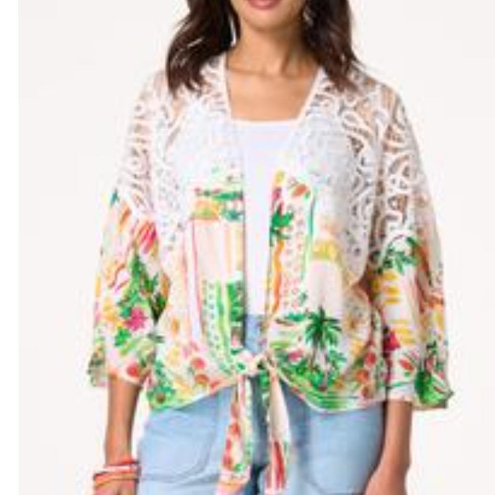 Kimono Jacket Green White Accent Top Battenburg Lace